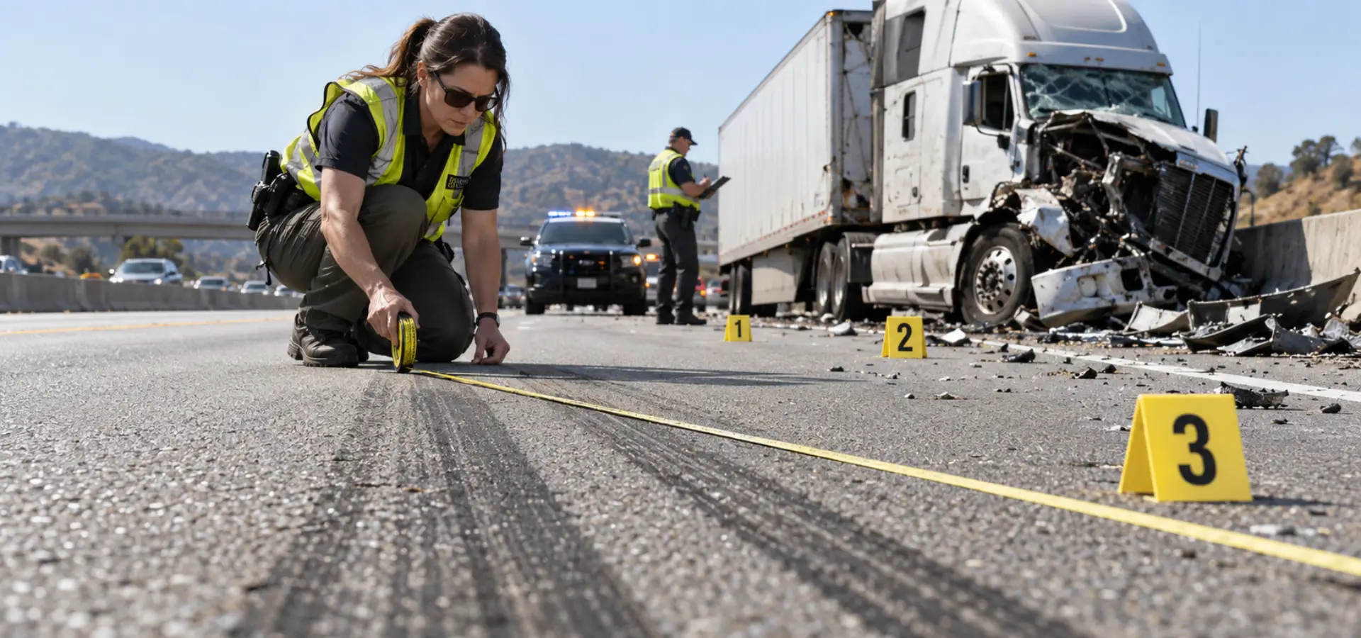 Accident scene investigators measuring skid marks.