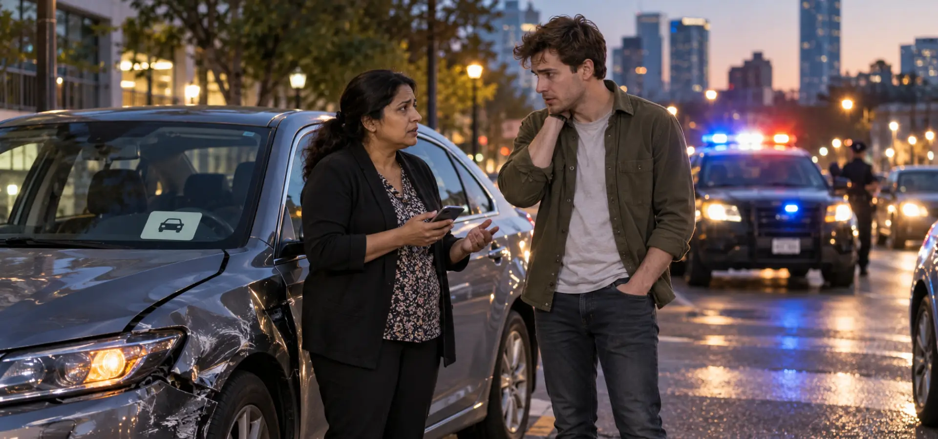 The rideshare driver and passenger stand separately beside the damaged vehicle while an officer approaches in the background.