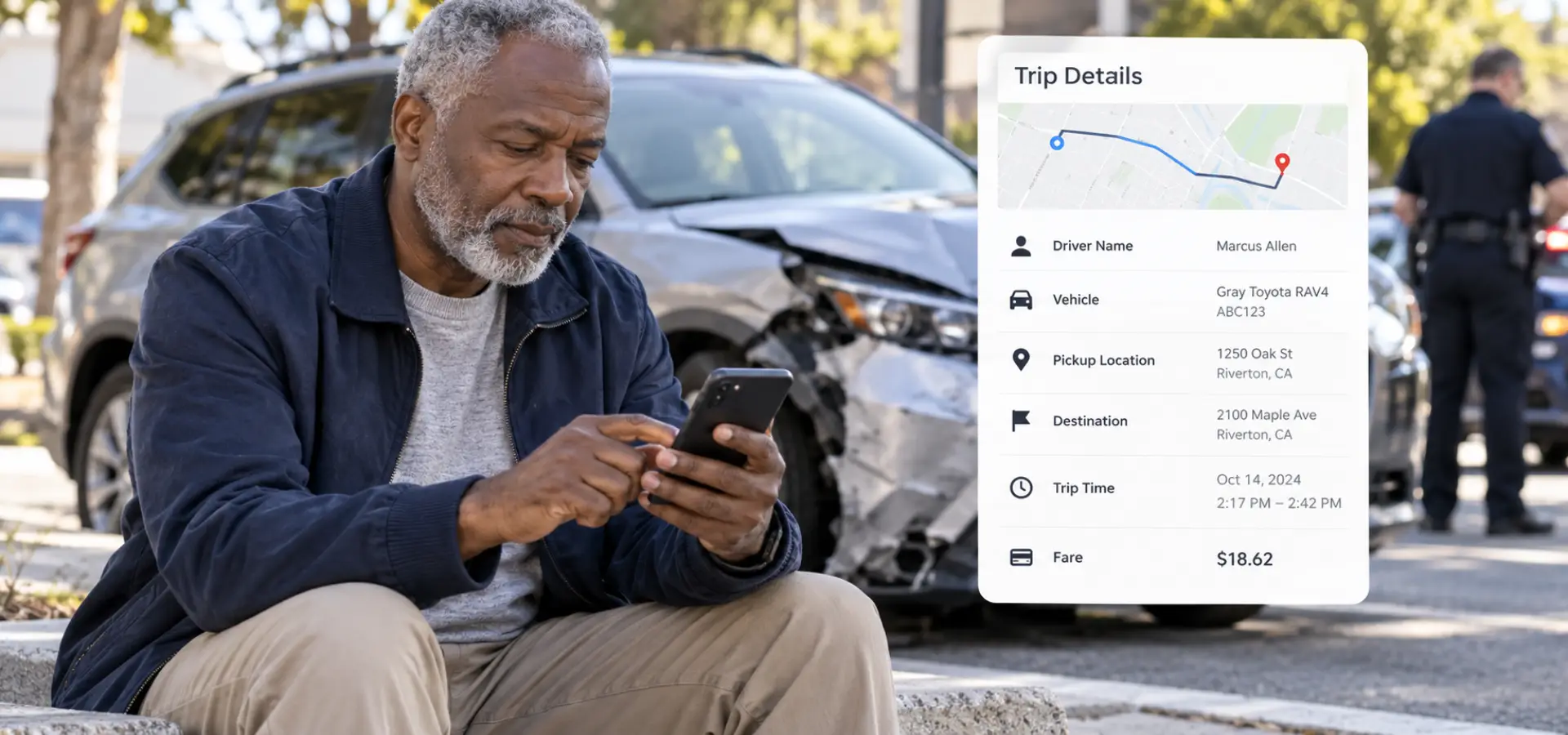 A rideshare passenger recording their trip details after getting involved in an accident.