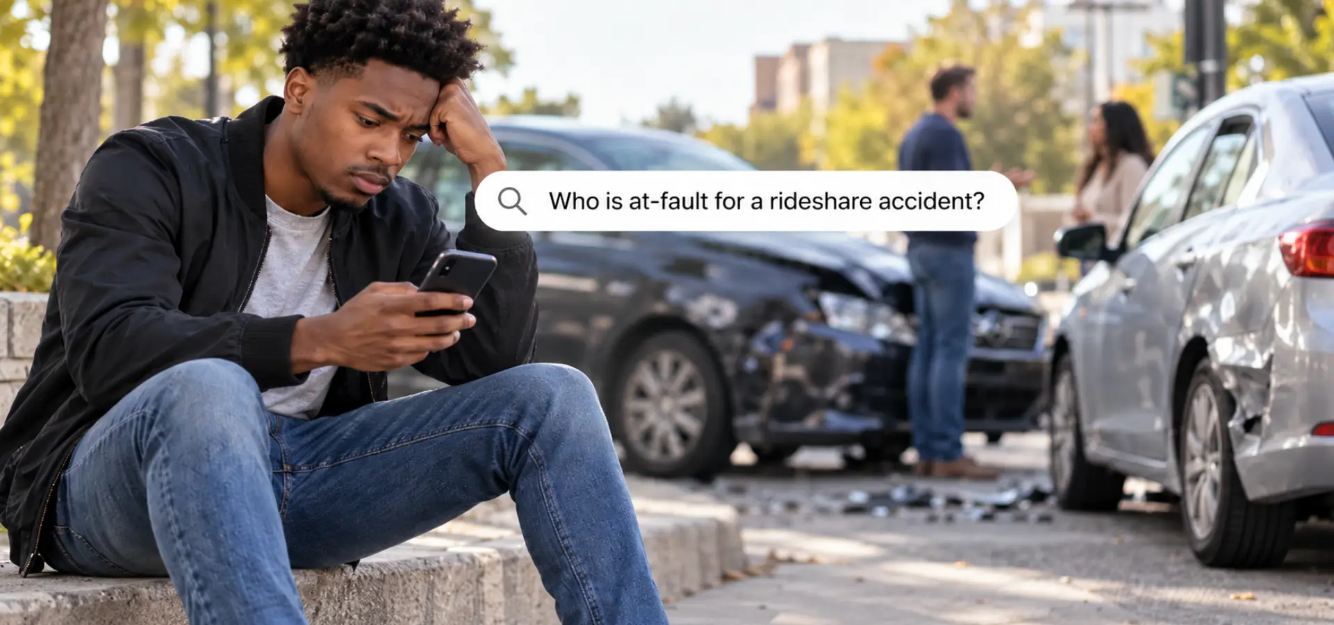 A rideshare passenger searching who is liable in an accident.