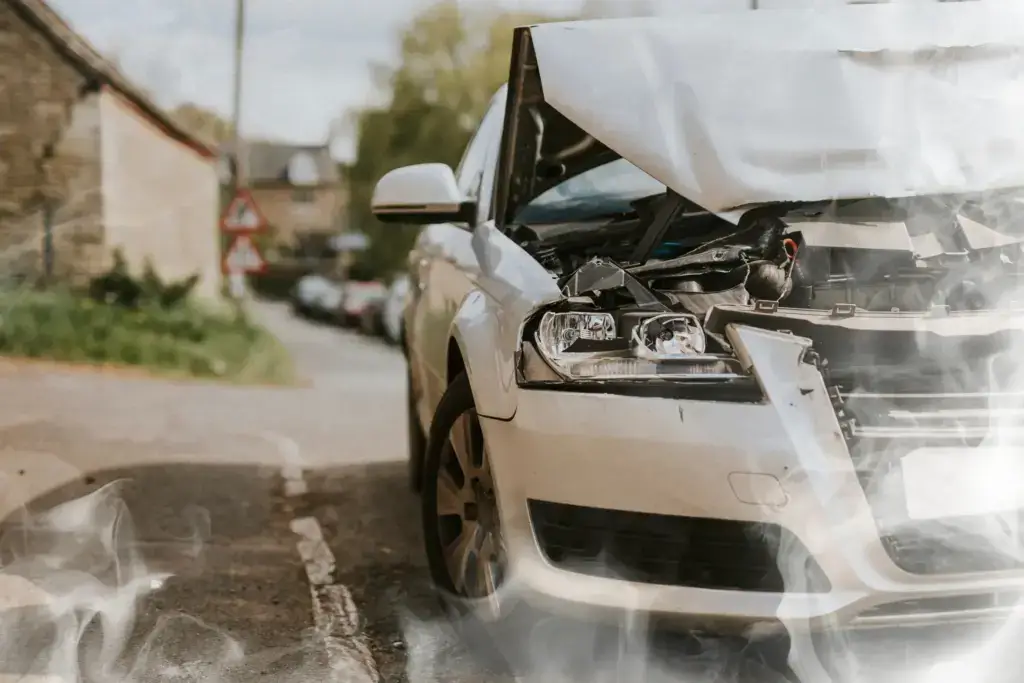 A white car that has been damaged in an accident.