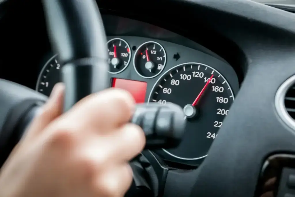 A driver speeding, showcasing a high odometer.