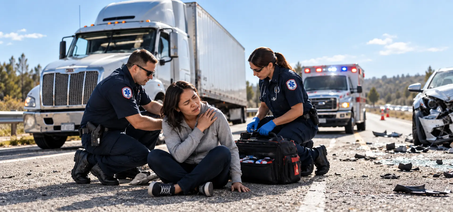 Two paramedics helping a driver injured in a truck accident.