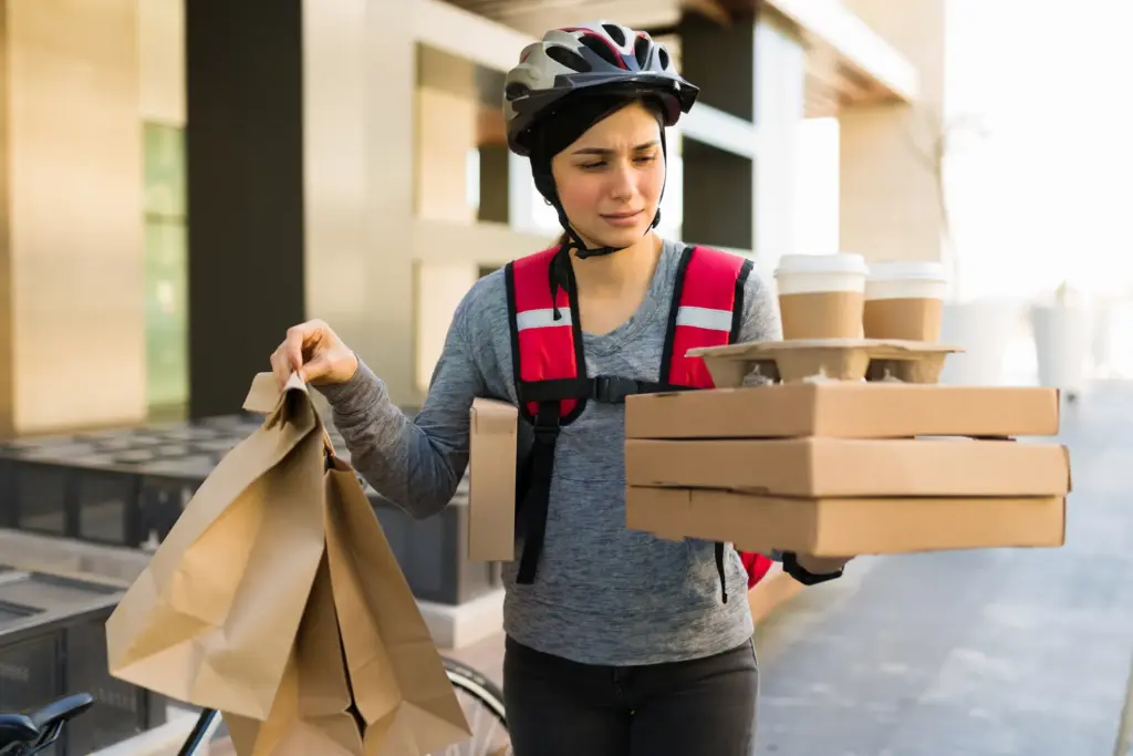 A food delivery biker stressed to find out she has to delivery a lot of things.
