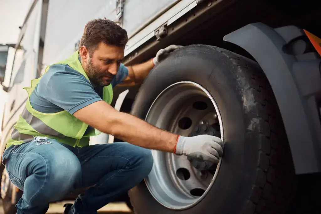 A truck mechanic changing a tire.