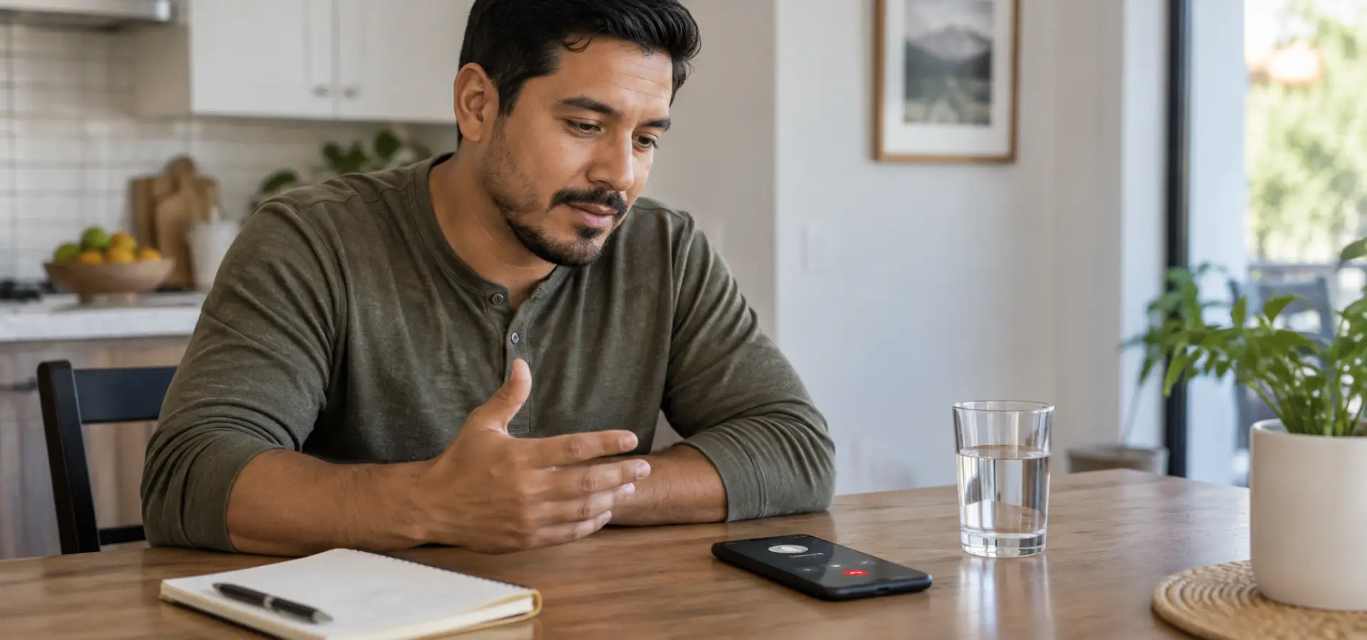 A man talking to an insurance adjuster.