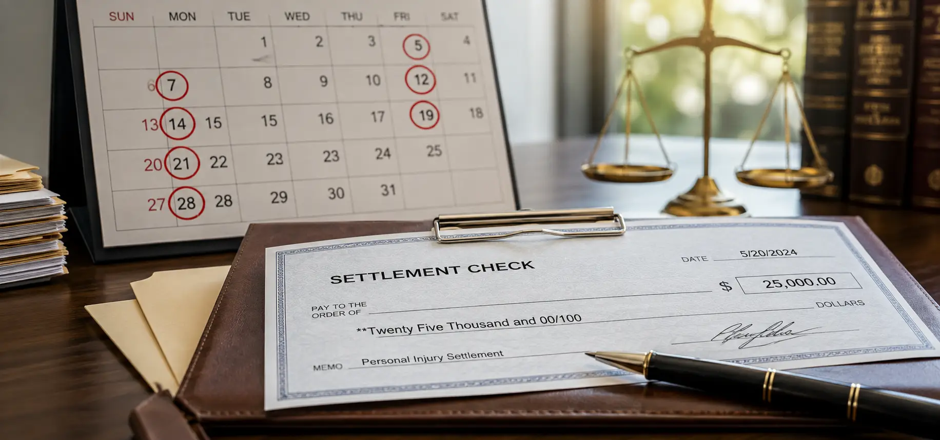 A settlement check with a calendar in the background.