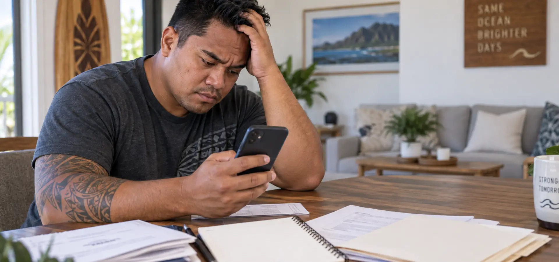 A man looking stressed trying to handle his insurance claim.