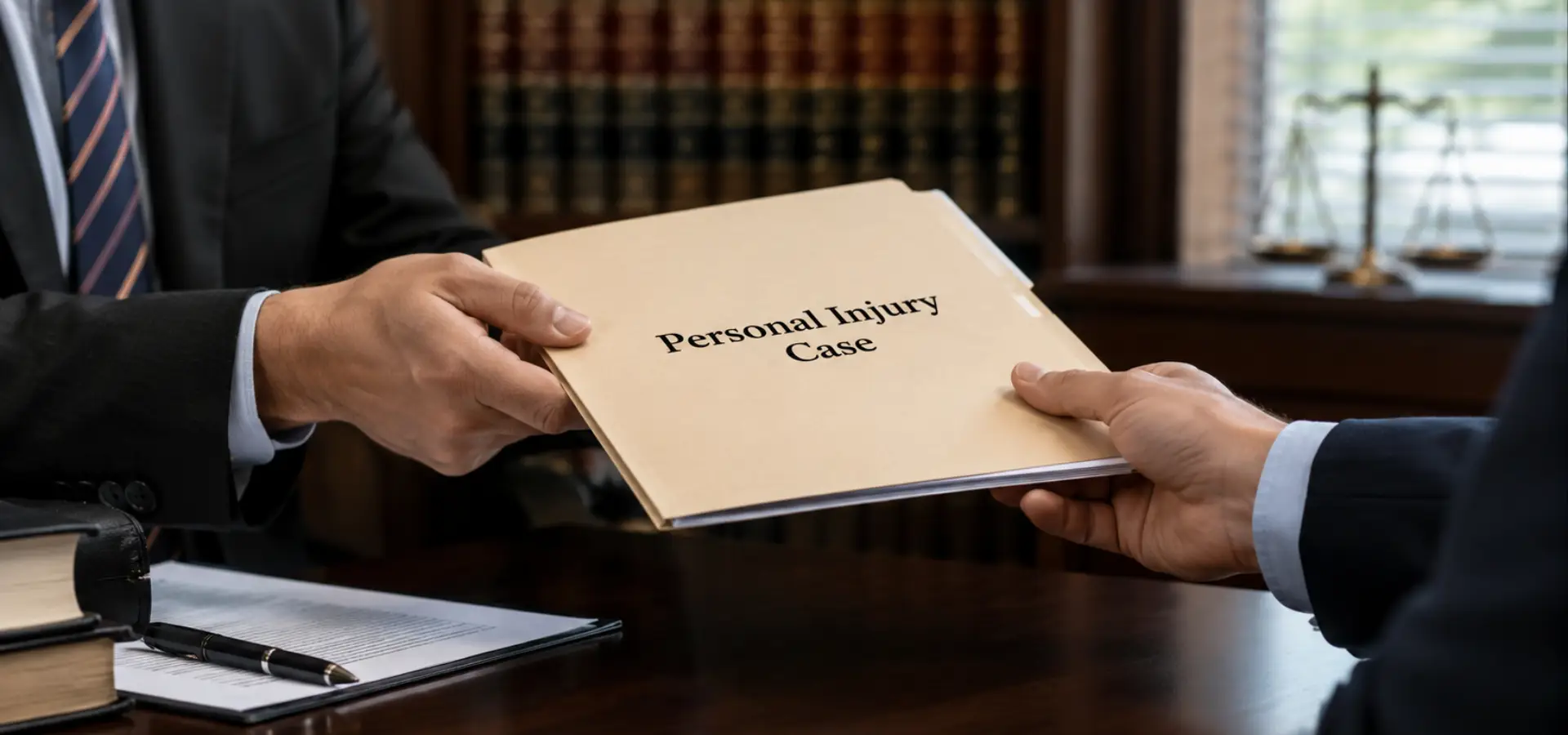 A close-up of one professional handing a folder labeled “Personal Injury Case” to another attorney.