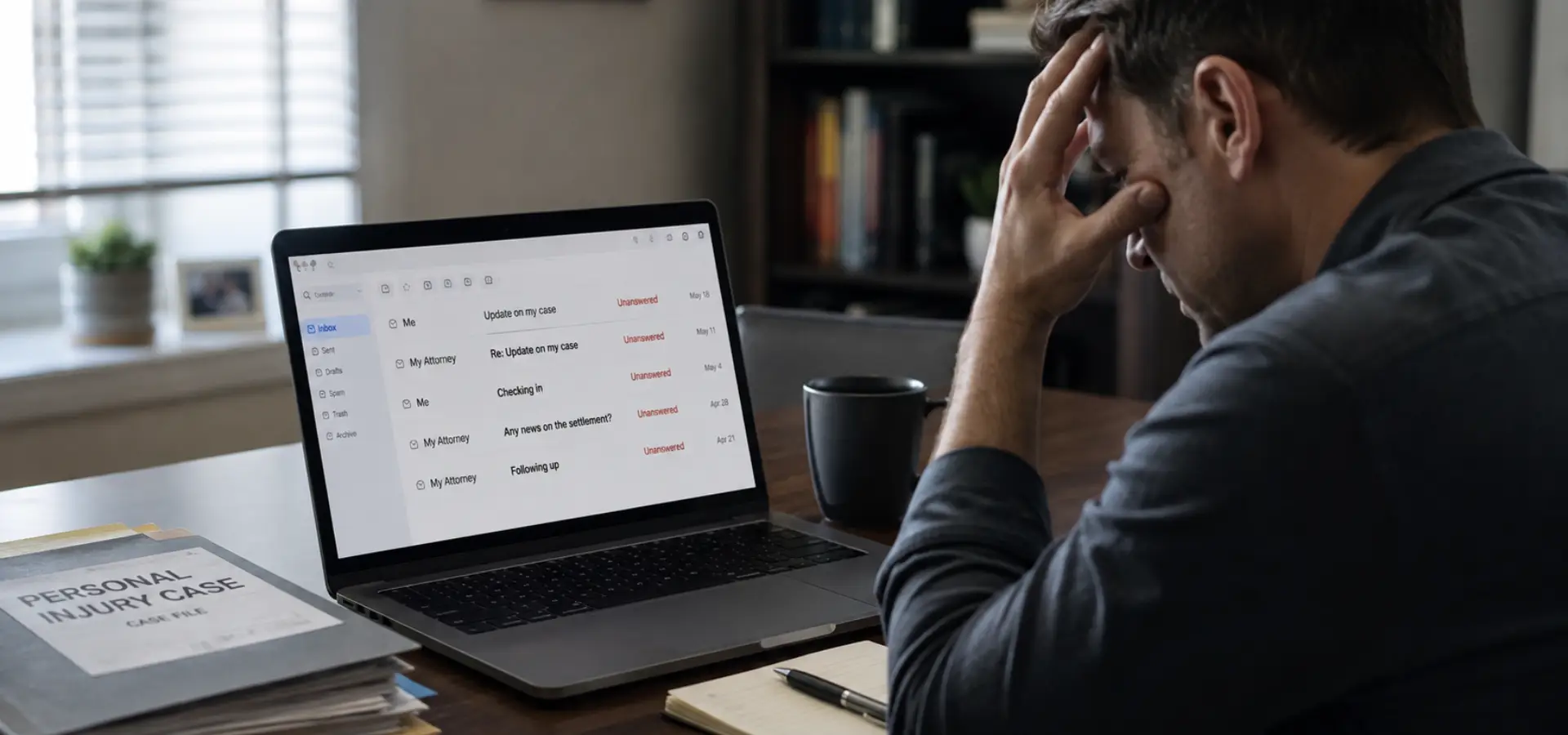 A client looking stressed at his computer as his calls to his lawyer goes unanswered.
