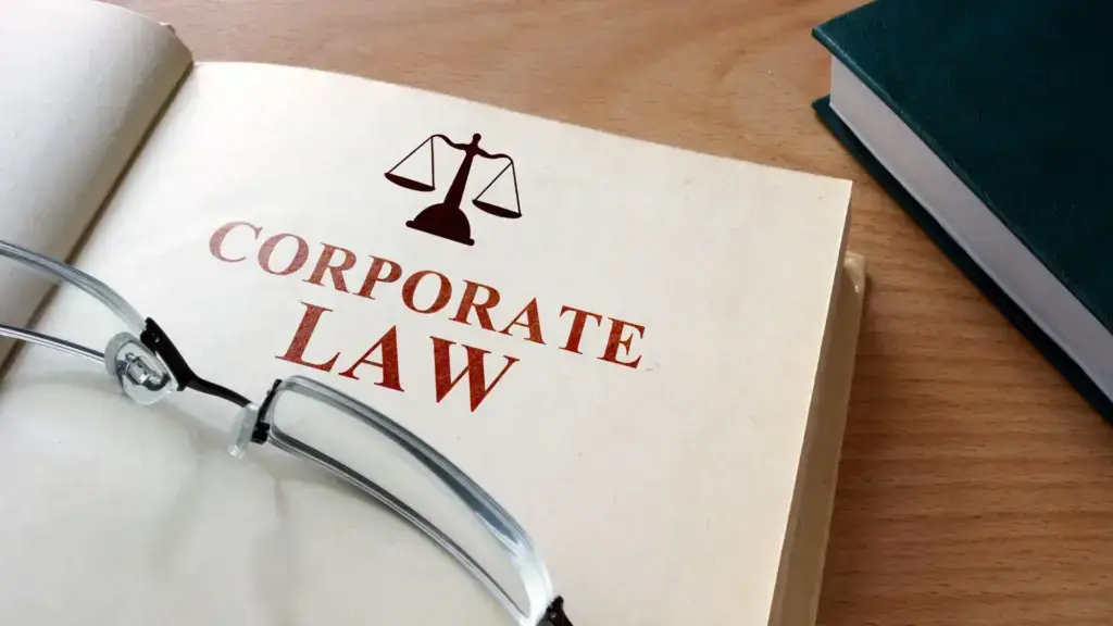 A book titled "Corporate Law" with a pair of glasses on top.