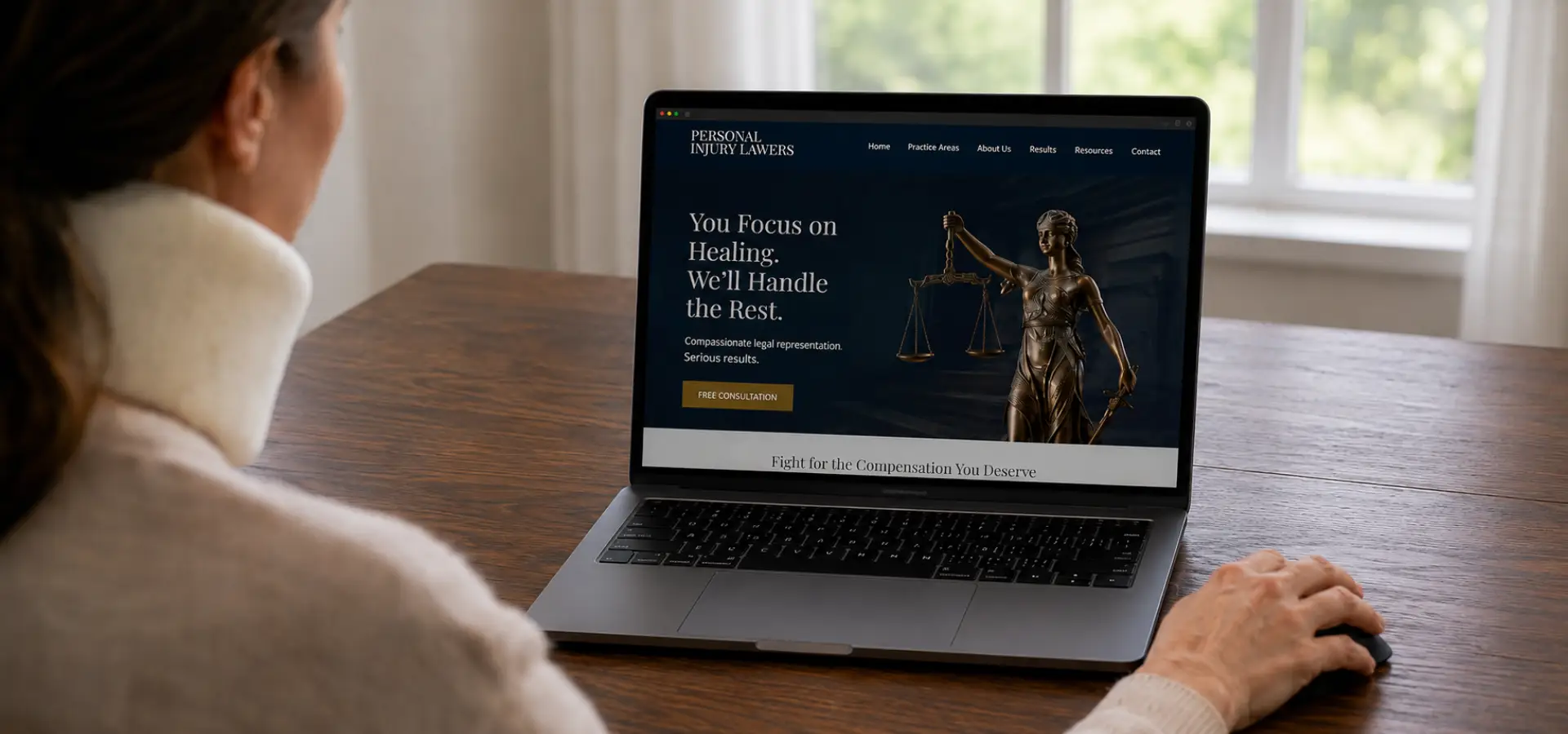 An injured woman scrolling on a law firm's website.