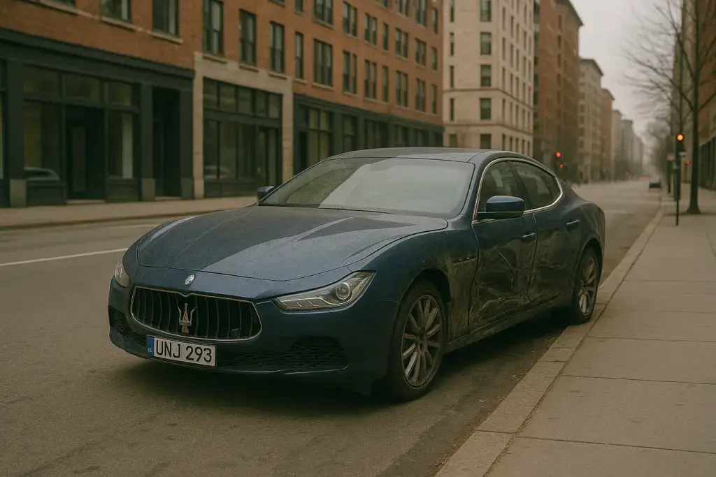 A blue Maserati Ghibli lemon parked in the street. 