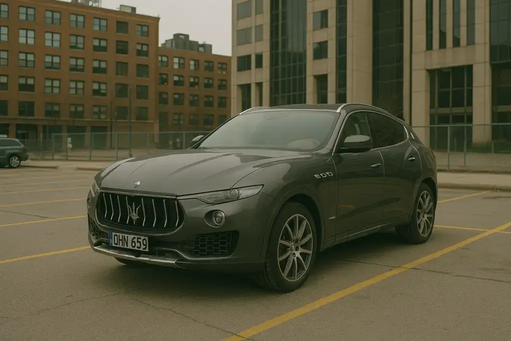 A Maserati Levante parked in a parking lot in the city