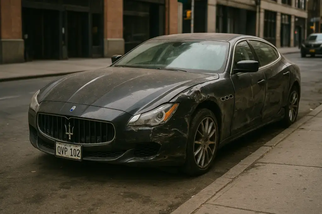 A lemon Maserati Quattroporte parked in the city.