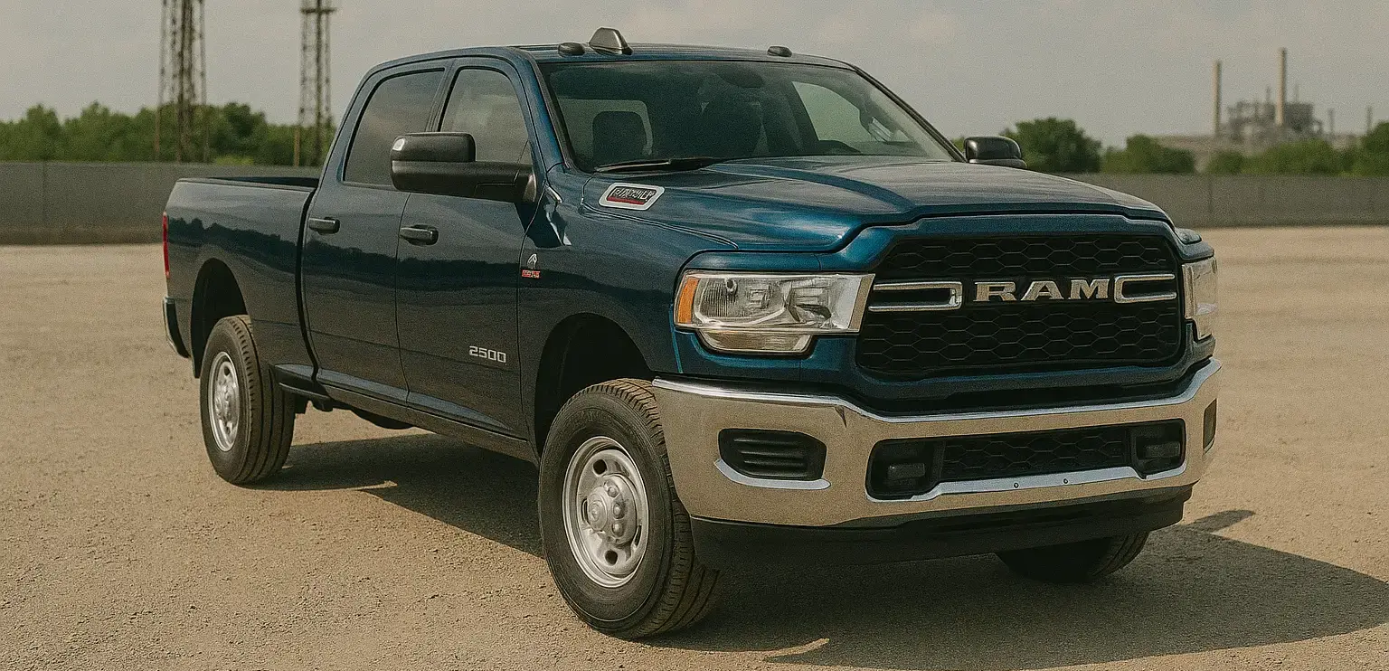 A blue Ram 2500 lemon parked in a parking lot. 