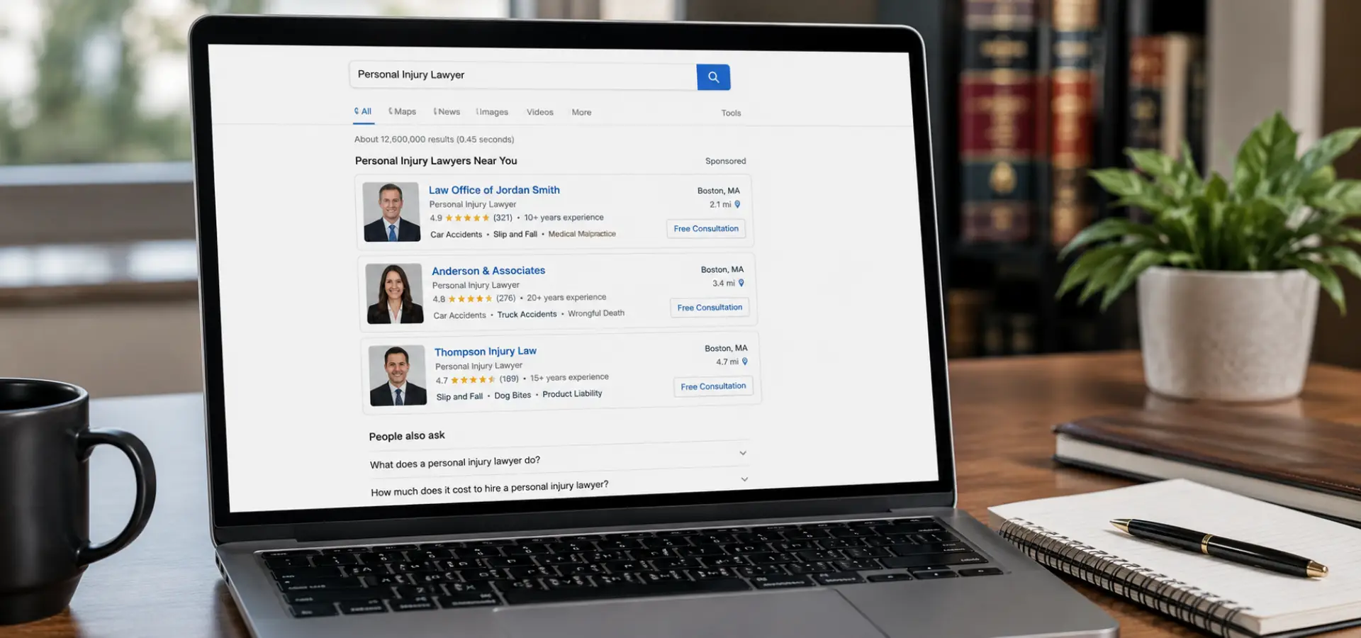 A laptop showing search results of personal injury lawyers.