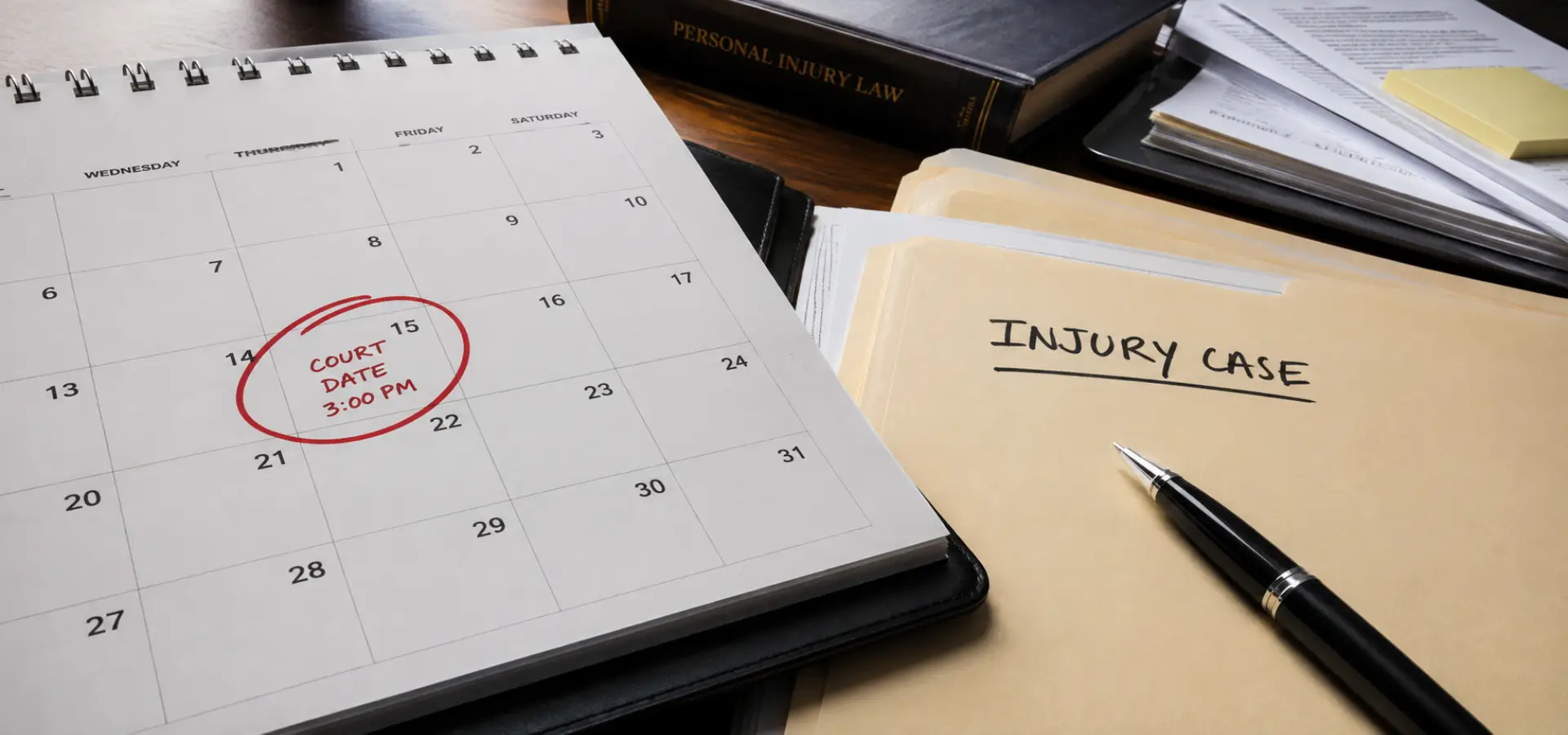 A close-up of a calendar with a circled court date or deadline, alongside a folder labeled “Injury Case” and a pen.