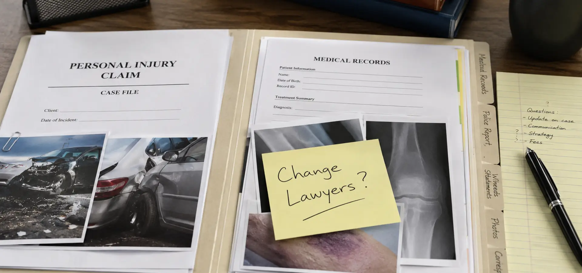 A folder with paperwork and photos with a sticky note that says 'Change Lawyers?'
