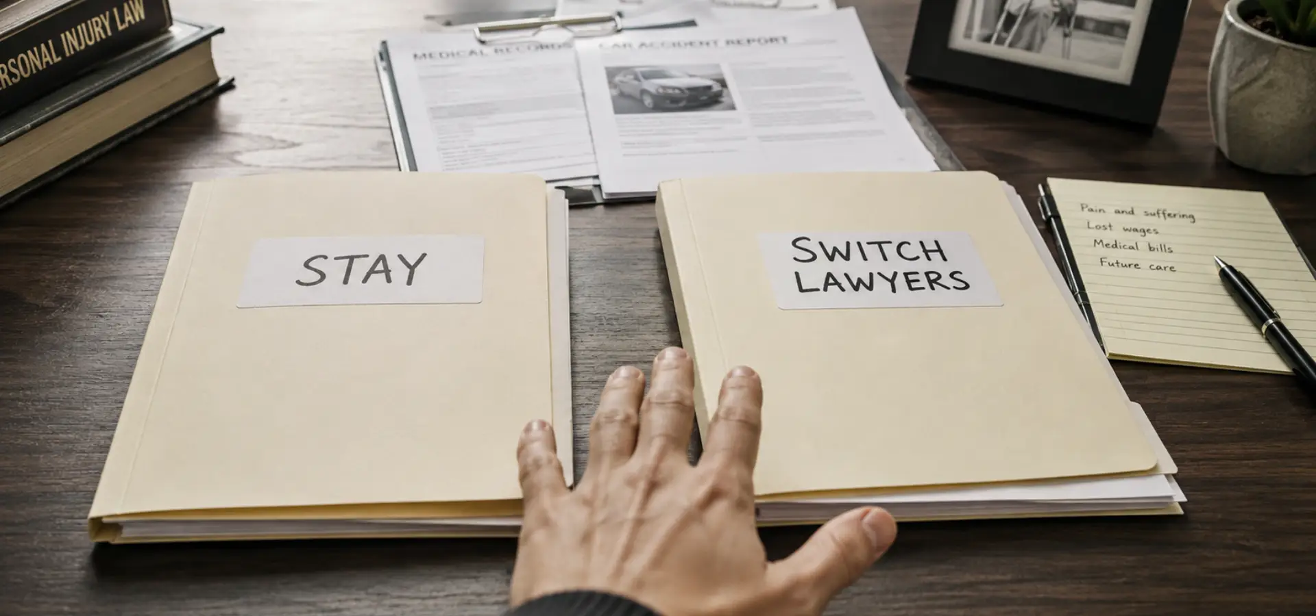 A person reaching out to two folders, one marked 'Stay' and the other marked 'Switch Lawyers'.