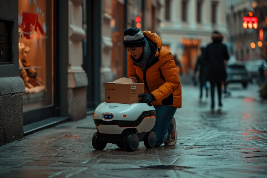 Adult person interacting with futuristic delivery robot