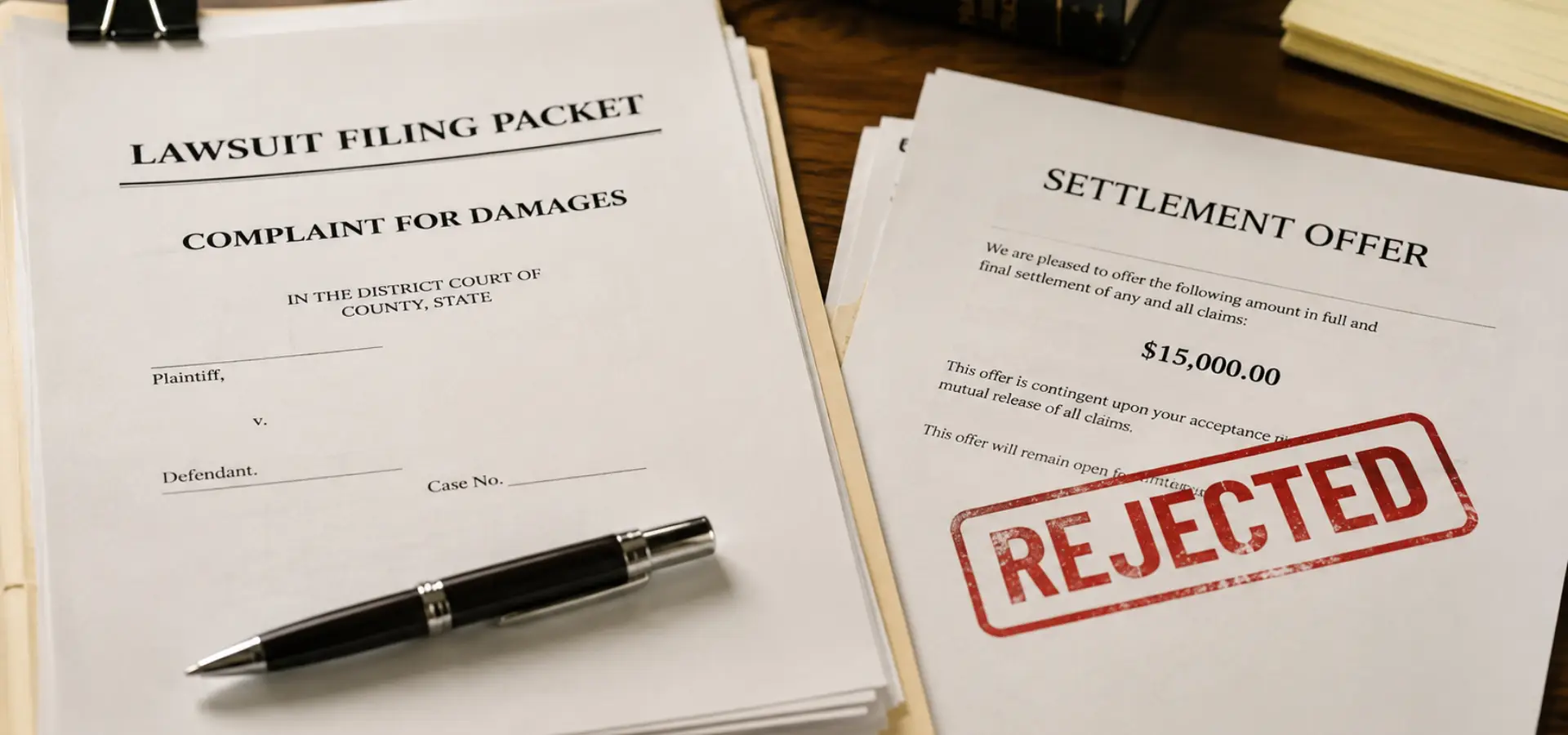 A lawsuit folder next to a rejected settlement offer.