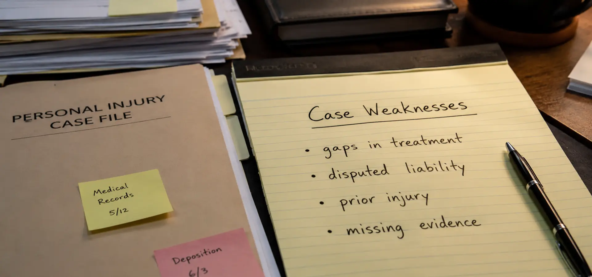 A notepad listing the biggest weaknesses for a PI case and a PI claim folder next to it.