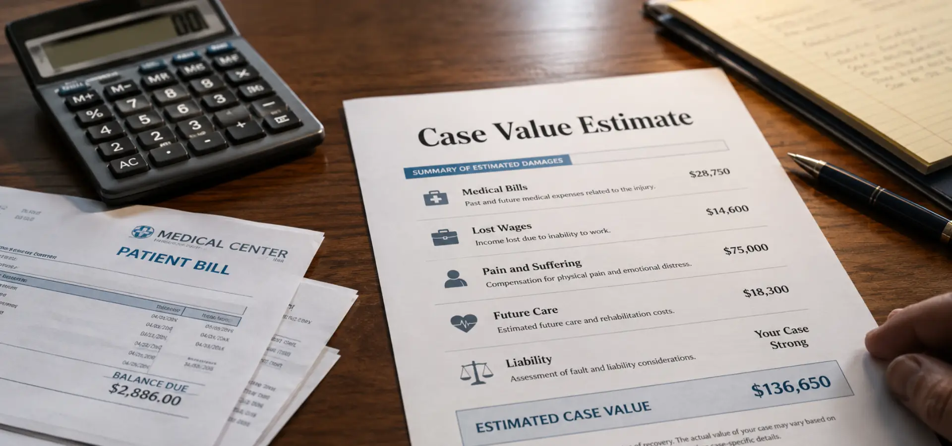 A case evaluation sheet with medical bills and a calculator nearby.