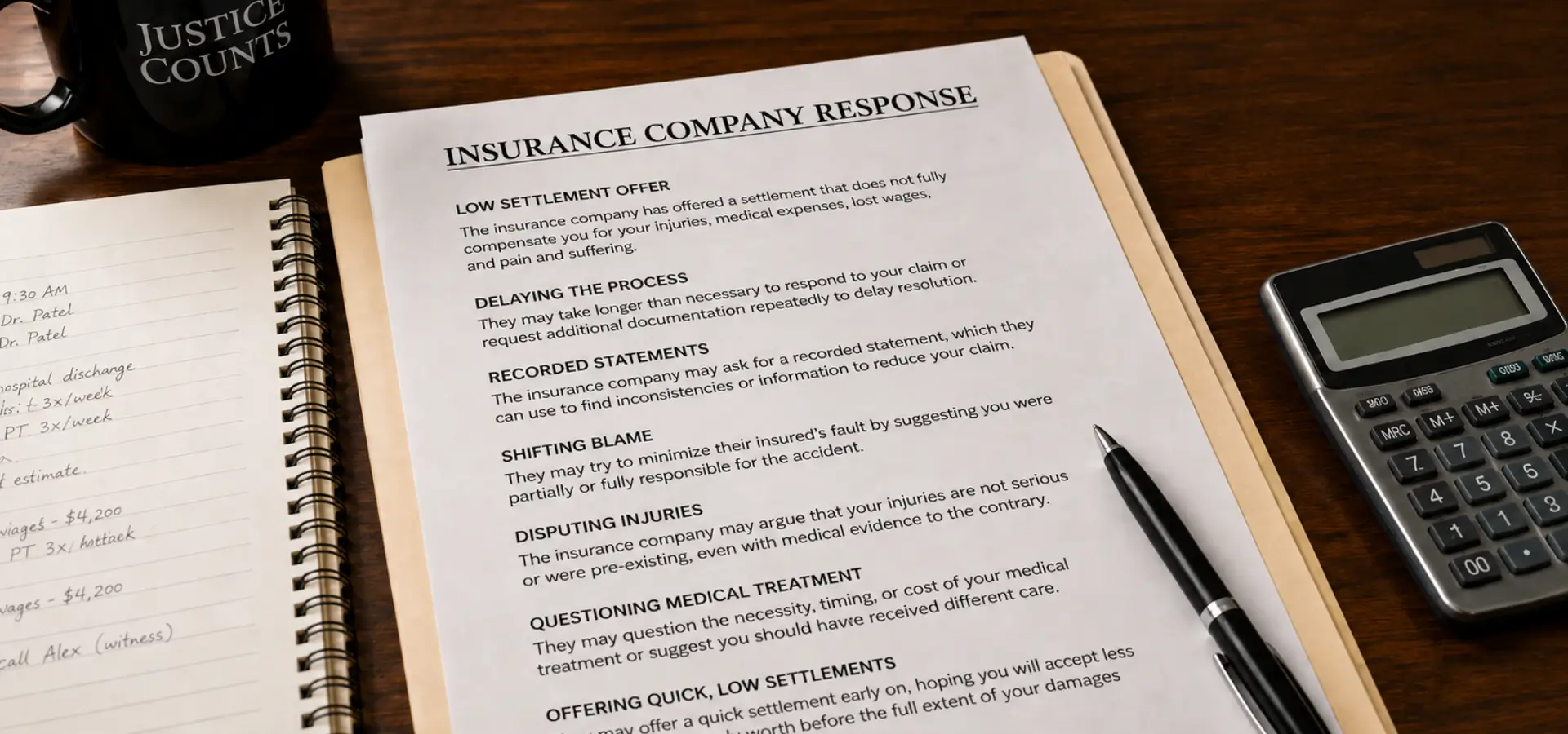 A document listing common insurance tactics to lower an accident settlement.