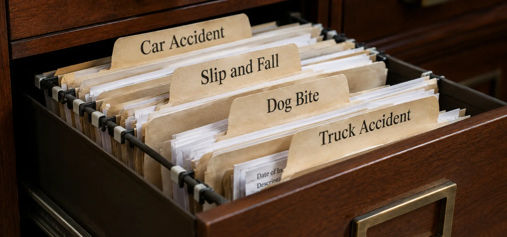 A file cabinet with folders of different types of personal injury cases.