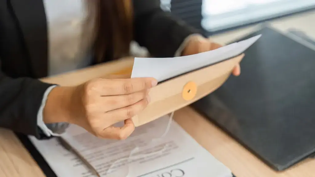 A lawyer pulling a document from manila folder.
