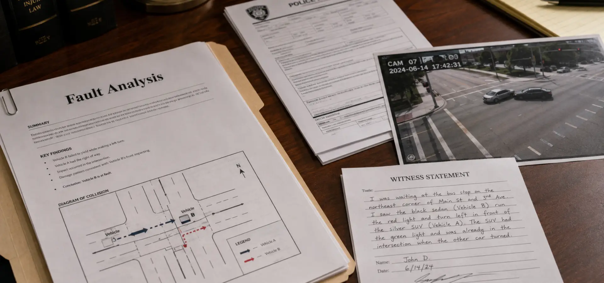 A folder full of documents and photos of a car accident.