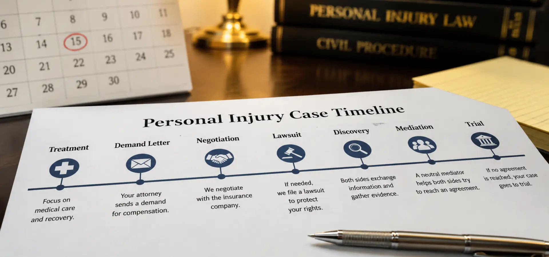 A timeline indicating each stage of the personal injury legal process.