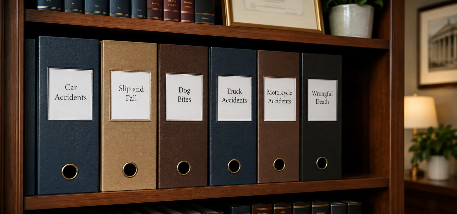 A series of folders marked with different types of personal injury claims on a shelf.