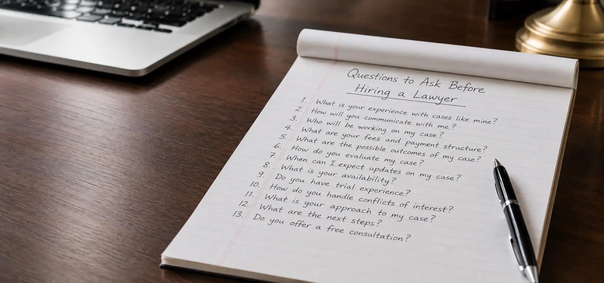 A close-up of a clipboard titled “Questions Before Hiring a Lawyer” with checkboxes, a pen, legal folders, and a laptop in the background.