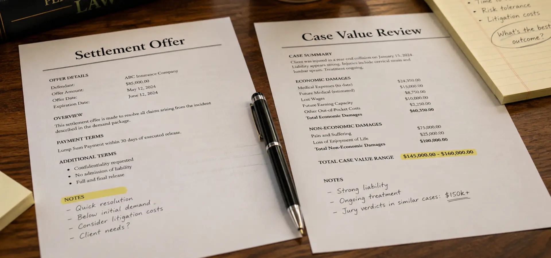 A settlement document and a case evaluation form side by side.