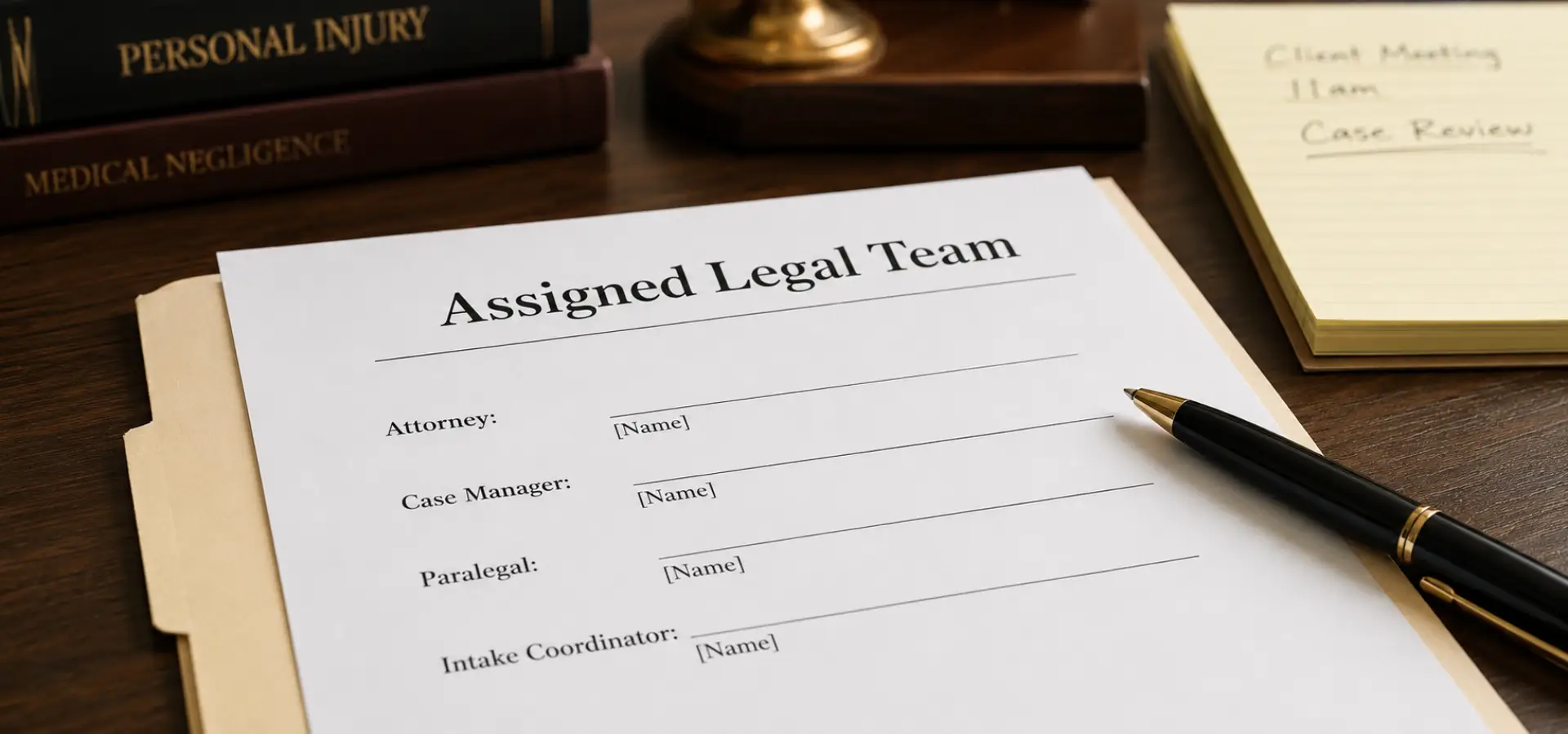 A blank Assigned Legal Team form on a desk.