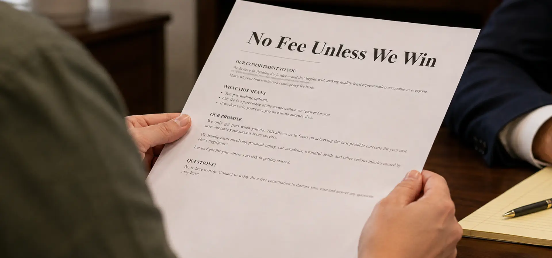A close up for a "No Fees Until we Win" document.