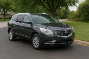 A black Buick Enclave parked by a park. 