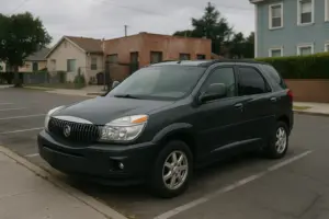 A black Buick Rendezvous parked on a residential street. 