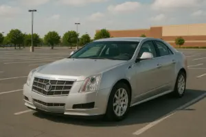 A silver Cadillac CTS parked in a middle of a mall parking lot. 