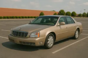A brown Cadillac DeVille parked in the middle of a parking lot. 