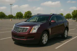 A purple Cadillac SRX parked in the middle of a parking lot. 
