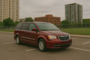 A red Chrysler Town and County in the middle of a parking lot. 