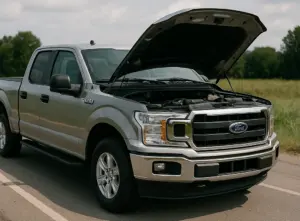A silver Ford F150 with the hood open in the middle of the road. 