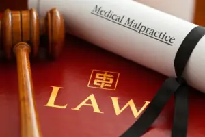 A Medical Malpractice book with a gavel and document.