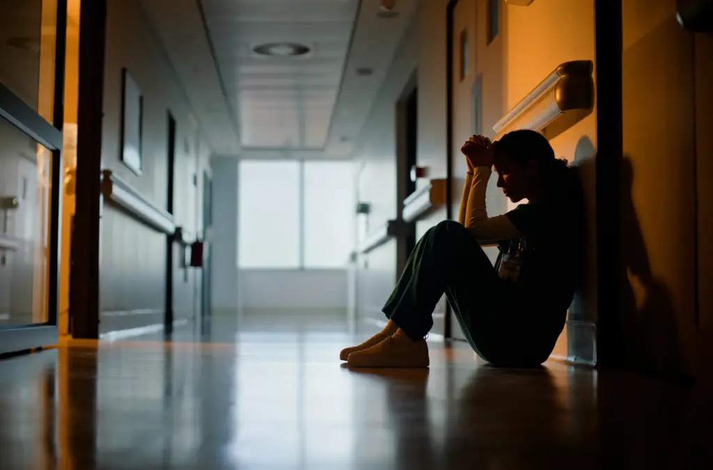 A person sitting in an empty hallway.