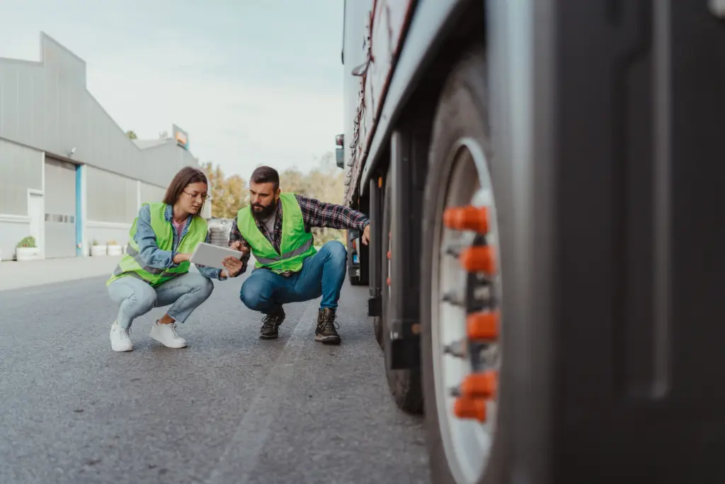 Two people inspecting a truck's tires.