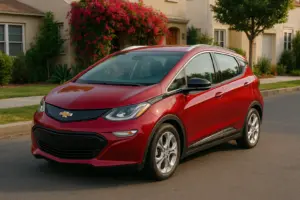 A red Chevrolet Bolt EV parked in the middle of the street.