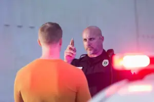 A police officer conducting a drunk driving test. 